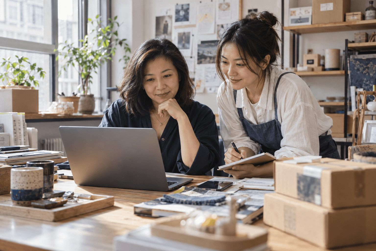 Two women at a small business studio reviewing customer enquiries together